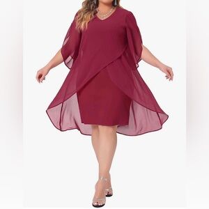 Plus Size Chiffon Cocktail Mesh Wedding Guest Party Overlay Short Dress, Red